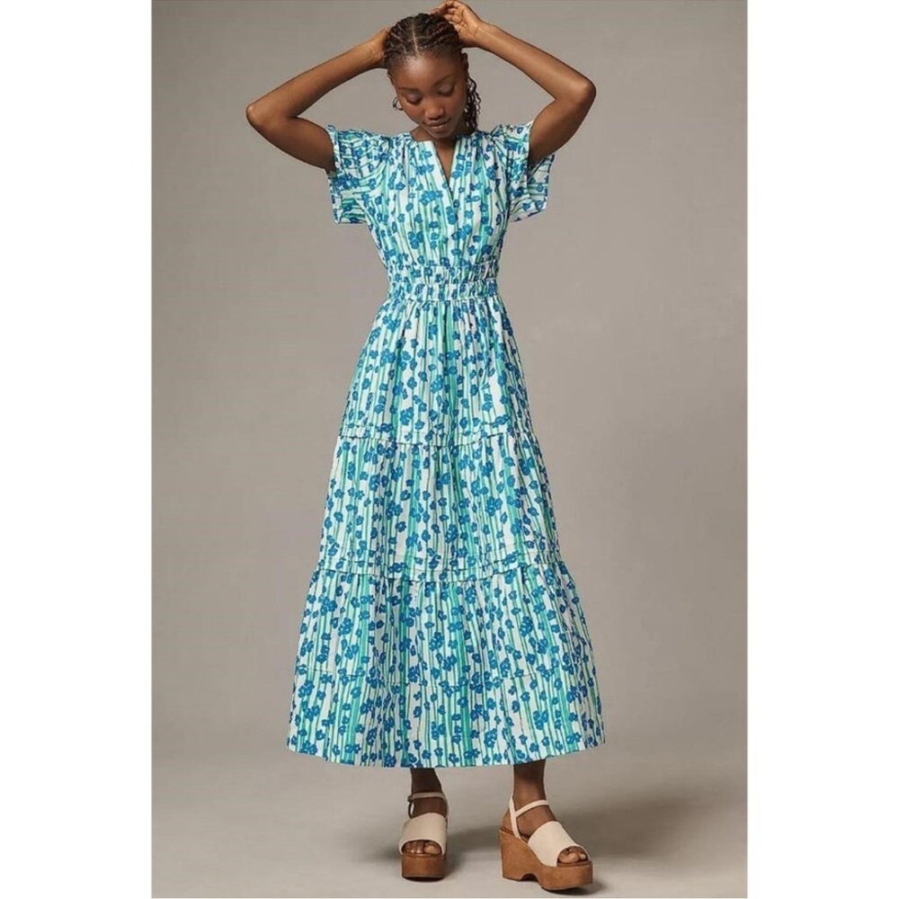 NWT Anthropologie The Somerset Blue/Green Floral Cotton V-Neck Maxi Dress Sz XXS